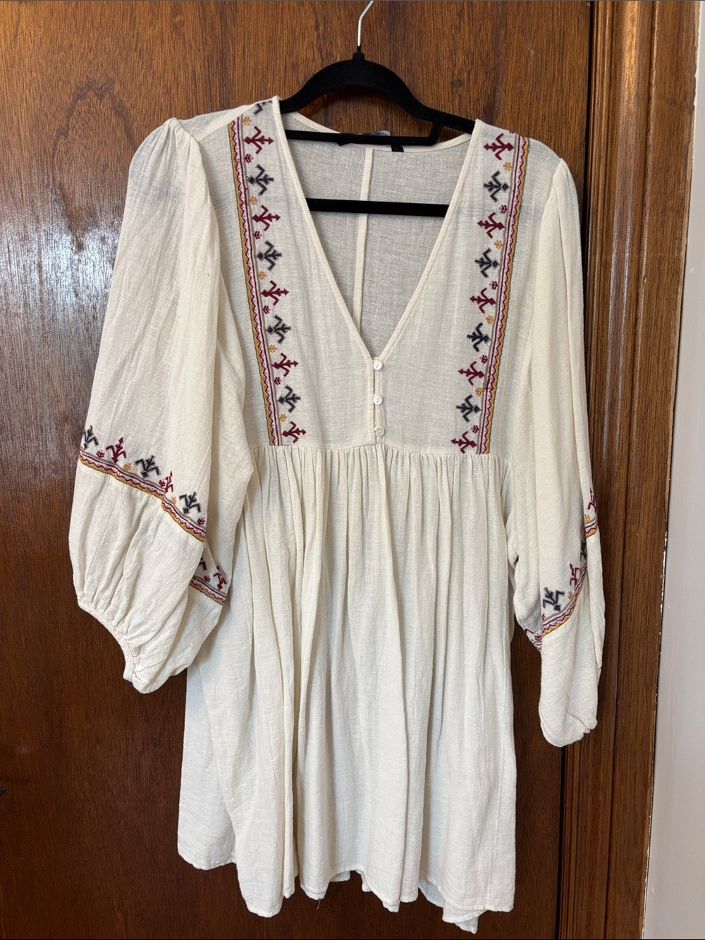 Zara Cream Mini Dress with Red & Navy Embroidery